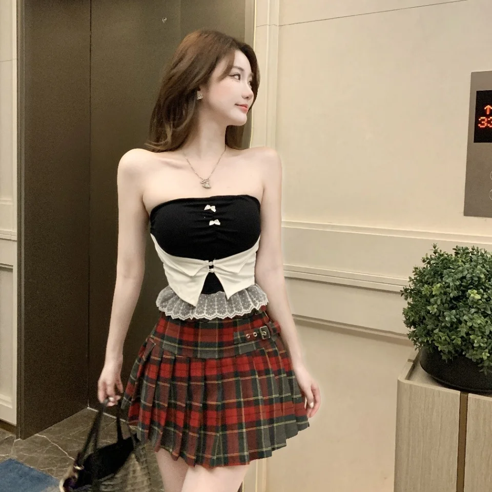 Summer New Sweet Spicy Color Block  Knot Lace Patchwork Fixed Band Chest Pad Slimming Top Women's Strapless Bralette
