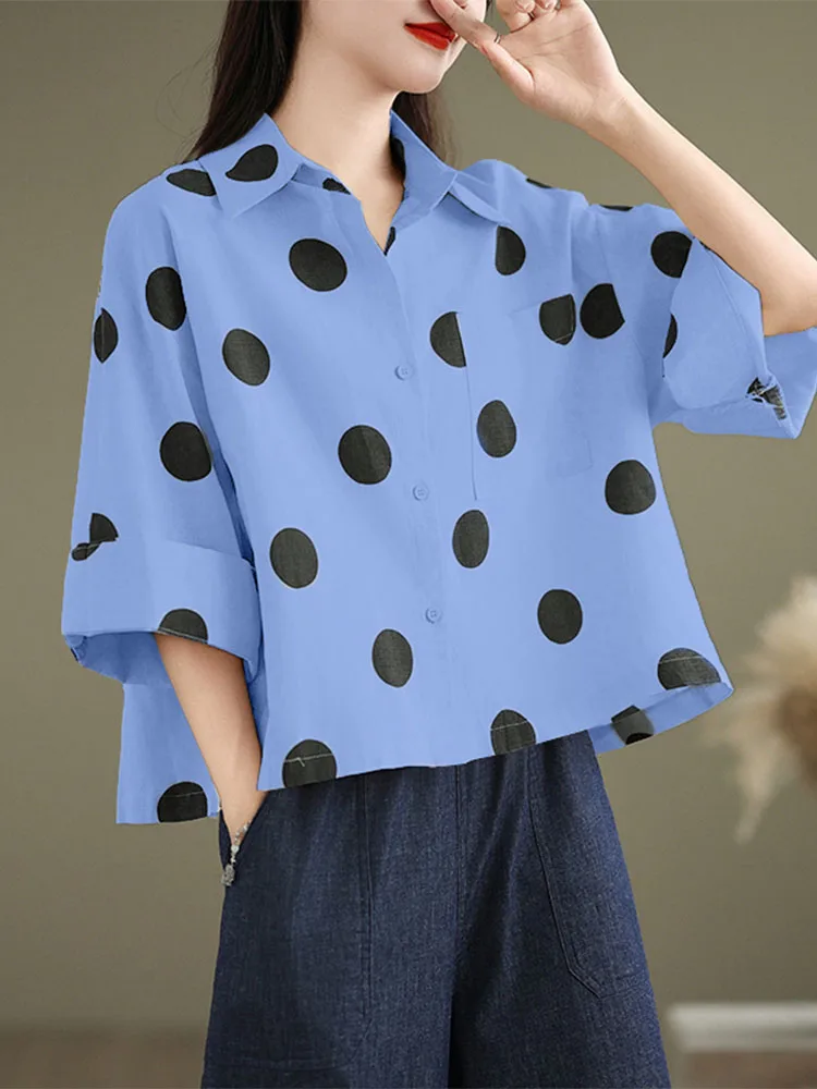ZANZEA Auutmn Polka Dots Printed Women Shirts Lapel Neck 3/4 Sleeve Work Blouse Summer Tops Elegant Casual Holiday Tops Femme view 2