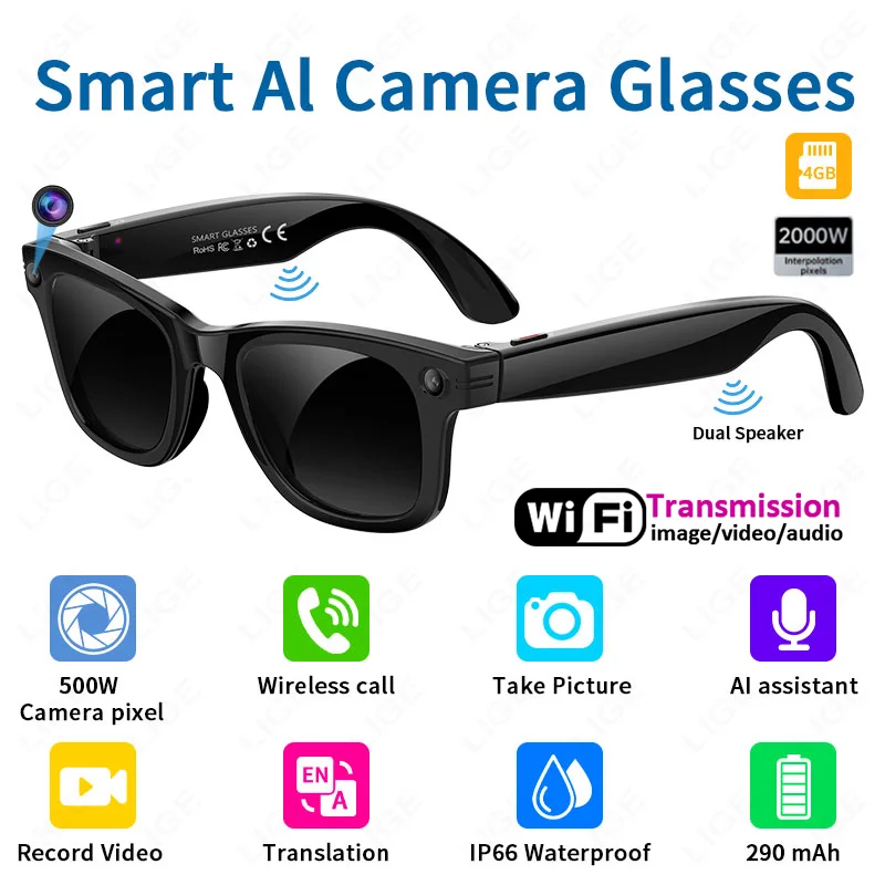 

LIGE Smart Glasses 5MP HD Camera Video Recorder Sunglasses AI Photo Recognition Translate Voice Control Call Photochromic Lenses
