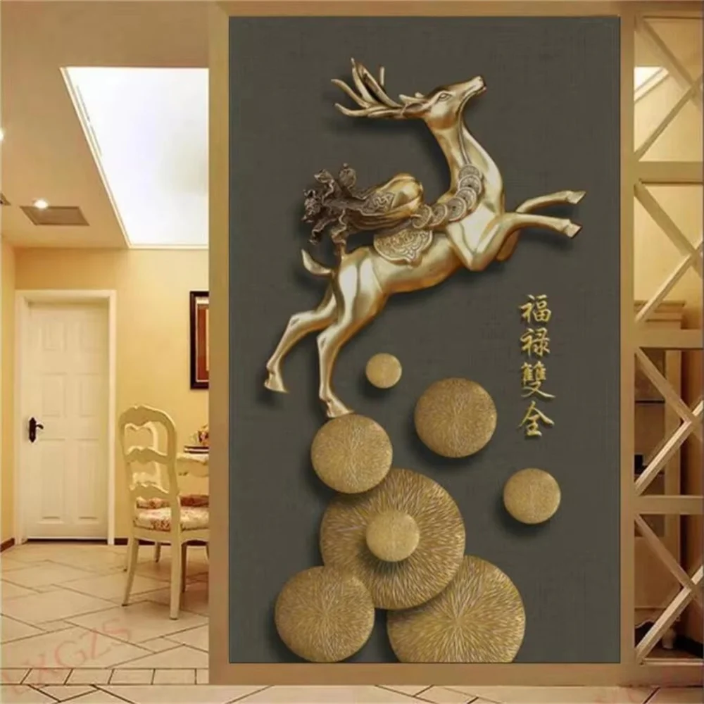 Custom 3D wallpapers Chinese embossed Horse Fulu double full golden elk wind wheel porch aisle corridor wallpapers home decor