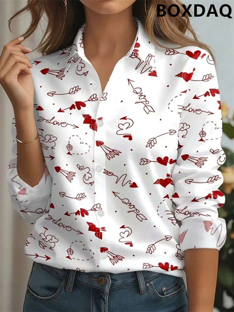 Long Sleeved Lapel Single Breasted Women's Shirts Fashion Heart Arrow Pattern Printed Loose Blouse Casual Street Women's Top