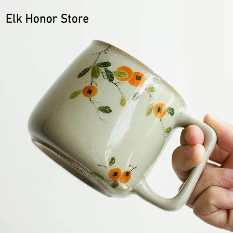 255ml Pure Hand-painted Persimmon Bubble Cup Ceramic Mug with Hanlde Office Light Luxury Water Separation with Handle and Cover