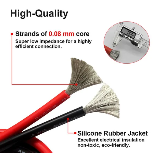 Imagen 2 del producto Cable de silicona de cobre estañado Flexible, alambre eléctrico resistente a altas temperaturas, rojo y negro, 10awg, 12awg, 14, 16, 18, 20, 22, 24, 26, 28awg