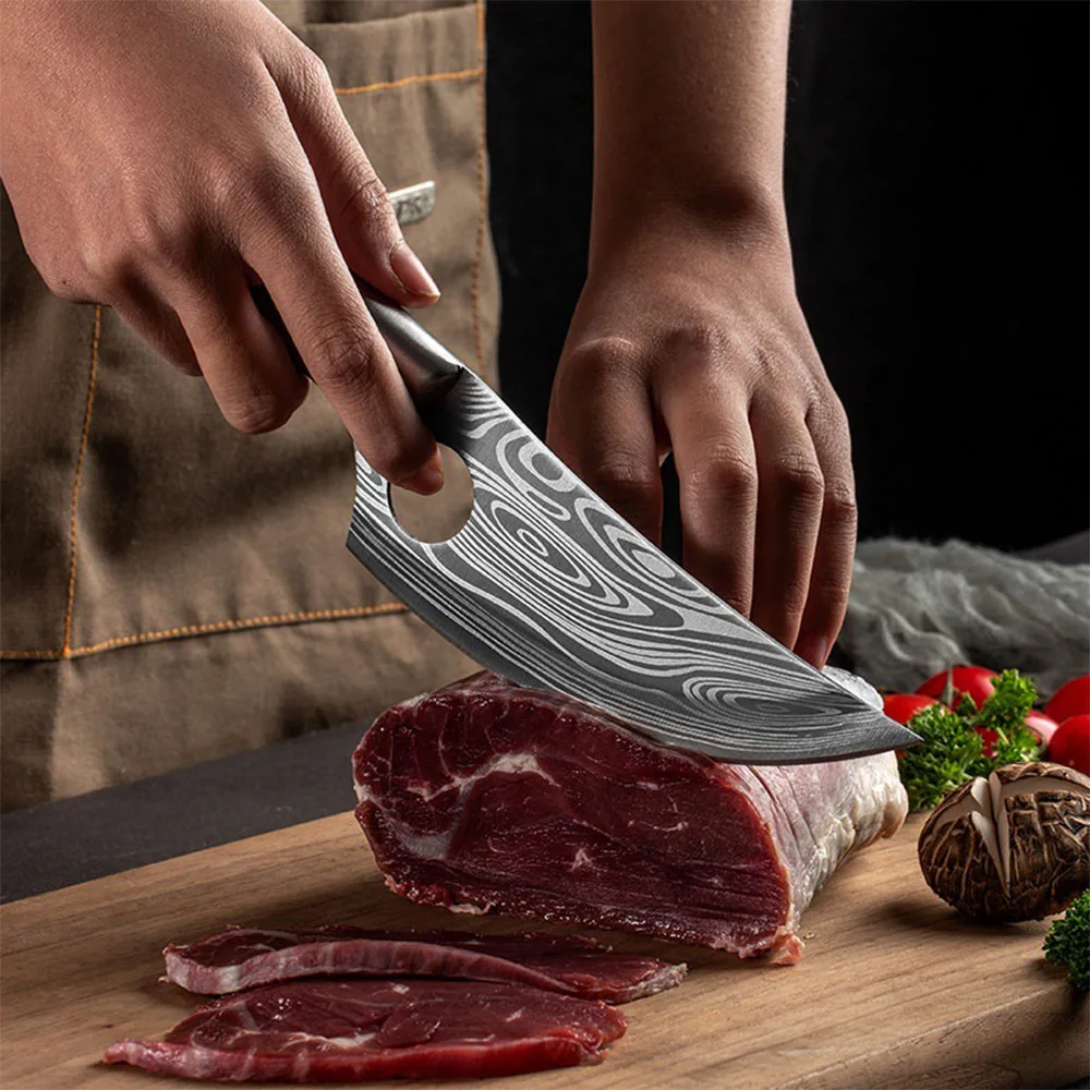 BBQ Slicing Boning Knife Stainless Steel Cleaver Meat Fruit Fish Kitchen Knives Hand Forged Blade Butcher Knife With Finger Hole