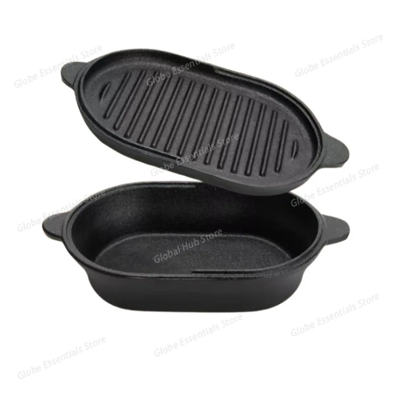 Cast Iron Griddle Pan 2-in-1 Grill Plate Oval Griddle Reversible Skillet for Indoor and Outdoor Cooking Elliptical bread pan