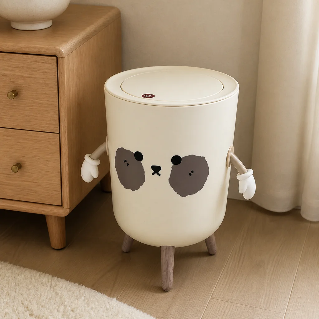 Cute Bear Shape Trash Can with Flip‑Top Lid, Kawaii Cartoon Standing Plastic Garbage Bin with 3 Support Legs & Movable Arms, All‑Plastic Odor‑Sealed Waste Bucket, Decorative Trash Bin for Bedroom, Kids Room, Living Room, Apartment Home Decor