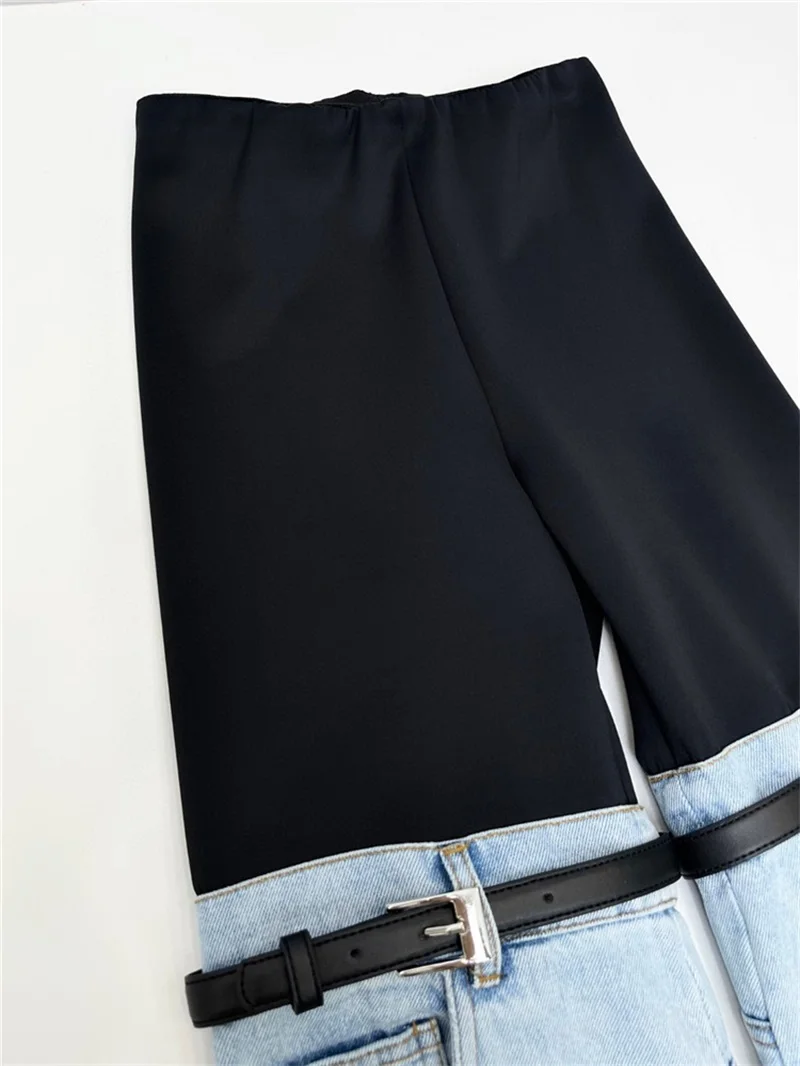 Women Jeans Pants With Belt Fashion Patchwork American Style Spring 2023 New High Waisted Straight Wide Leg Trousers In Stock