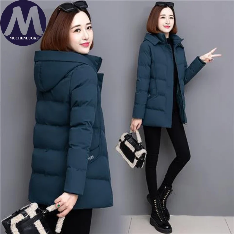 Women\'s Jacket 2024 Winter New Casual Long Sleeved Hooded Medium Length Parkas Korean Fashion Loose Thickening Warm Parkas