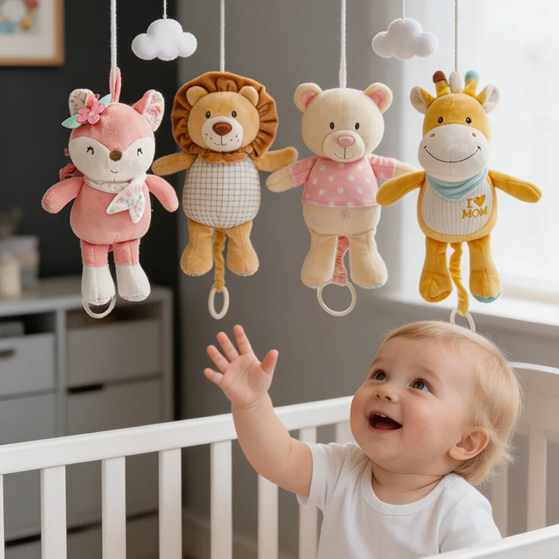 Jouets en peluche apaisants pour bébé de 30 cm environ, avec mélodies, adorables renard, lion, cochon, étoile, sirène, nuage, poupée en peluche suspendable, cadeau pour bébé