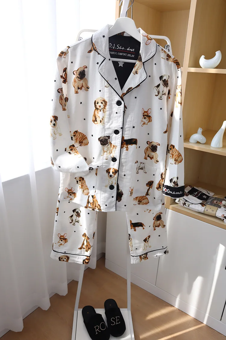 Women Pajamas Set Soft Cotton Cartoon Dog Printed Pyjamas Long-Sleeved Trousers Suit Simple Style Lovely Home Wear PJS Female