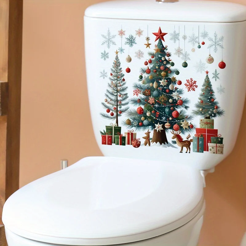 1pc Christmas Tree Elk and Star Pattern Bathroom Toilet Cover Decoration Stickers, Self Adhesive Home Decoration Stickers