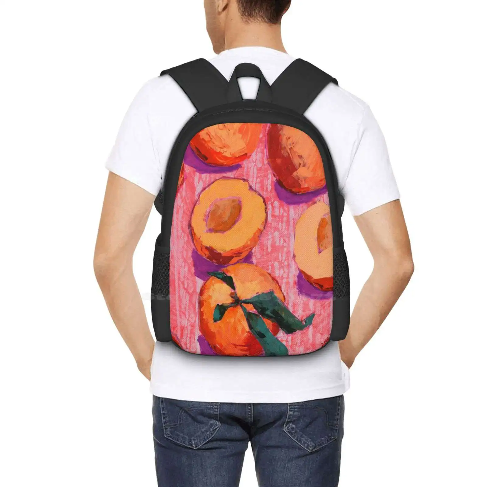 Peaches On Pink Background Large Capacity School Backpack Laptop Bags Peach Pink Pattern Acrylic Fruit Summer