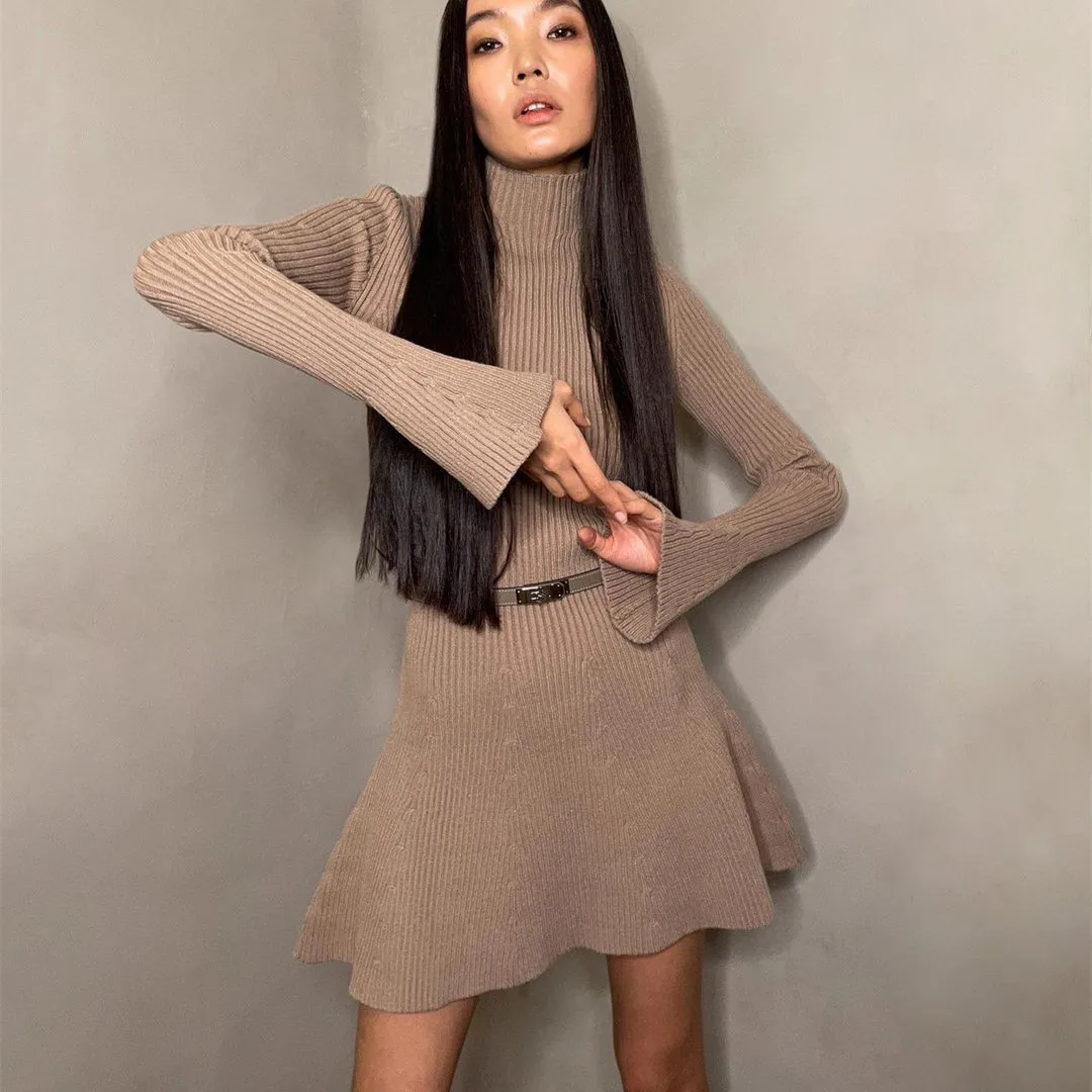 Gaono Vintage French Knit Dress Long Sleeve Ruffle Turtleneck Mini Dress Women Fall Winter Vestidos Fashion OL Lady Streetwear