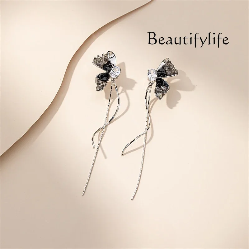 Niche unique butterfly women's silver stud earrings long earrings long fringed earrings high sense