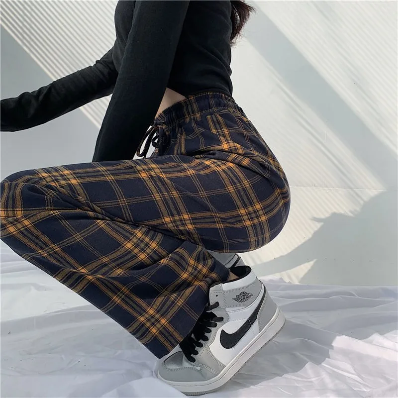 Pantalon décontracté à carreaux pour femmes, pantalon à jambes larges, streetwear Y2k, taille haute, vêtements tendance, jambe droite, design adt, nouveau