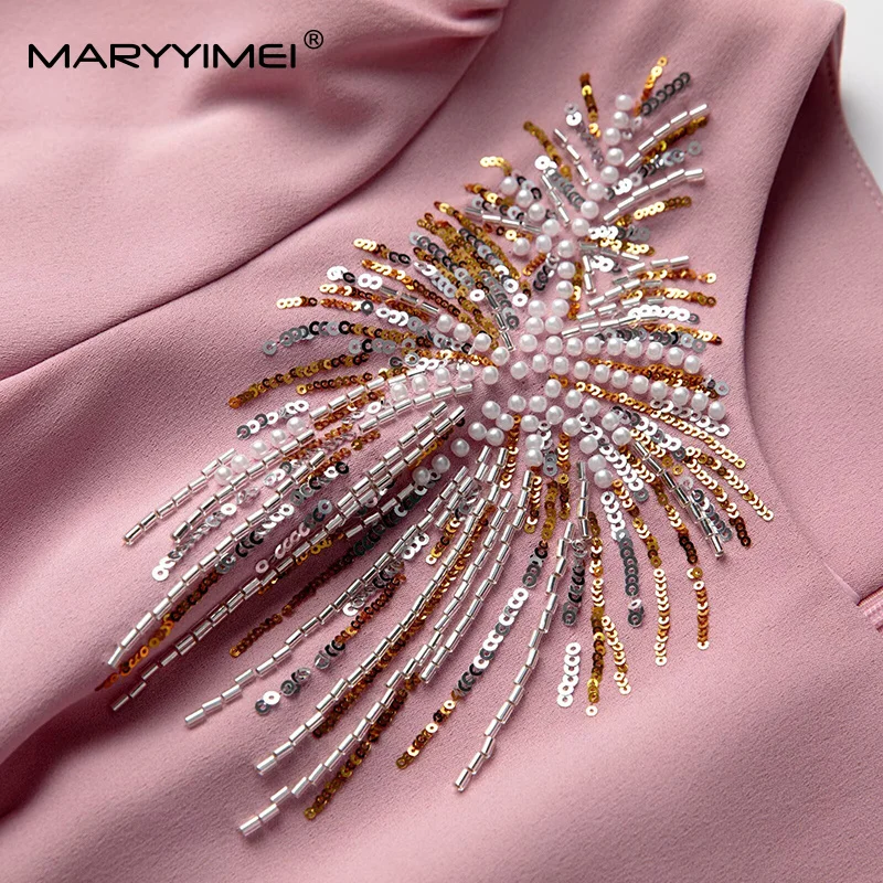 MARYYIMEI Elegancka Sukienka Damska na Imprezę Studniówkową Krótki Rękaw Koraliki Wyszczuplająca Sukienka Jednolita Wiosna Lato 2025 Nowość