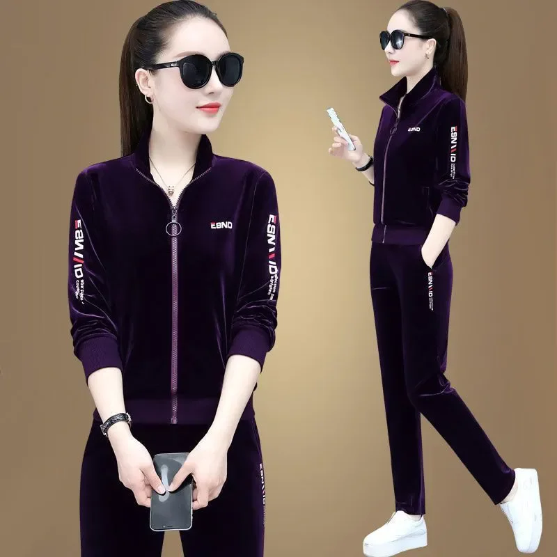 Gold Velvet Sports Suit Women's Spring Autumn New 2025 High-End Collar Medium Loose Chic Casual Sportswear Two-Piece Set