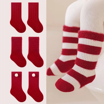 Red New Year Socks Newborn Baby Kids Soft Solid Thickened Velvet Toddler Mid Socks Girls…