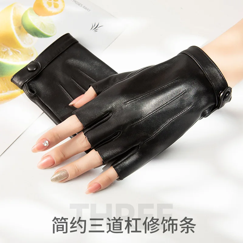 Women Fingerless Leather Gloves Breathable Driving Riding Outdoor Sports guantes mujer Motorcycle Sheepskin Fingerless Gloves