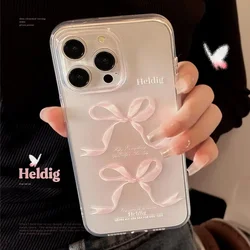 Pink Bow Clear Cover Phone for iPhone 16 15 Pro Max 11 12 13 Mini 14 Pro XS MAX XR 7 8 Screen Protector Casing Shockproof Shell