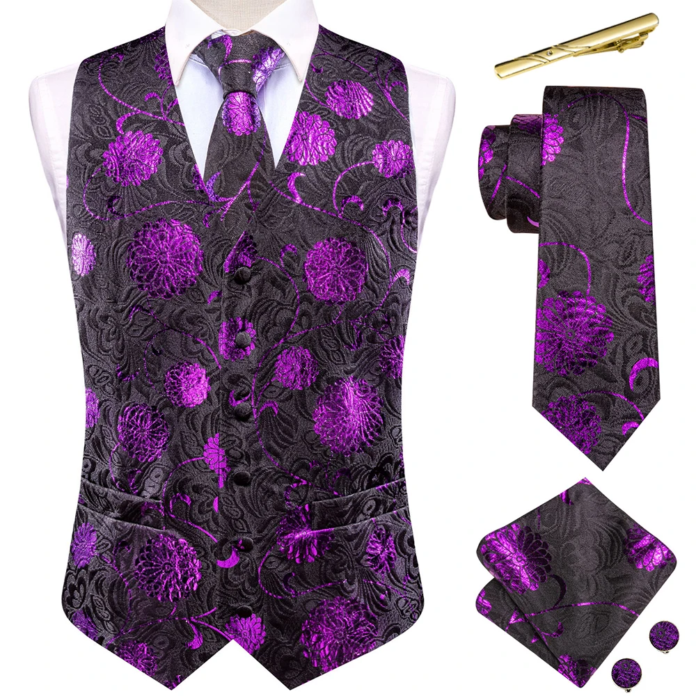 Novelty Mens Silk Vest Purple Black Jacquard Sleeveless Waistcoat Jacket Necktie Hanky Cufflinks Set Wedding Business Hi-Tie