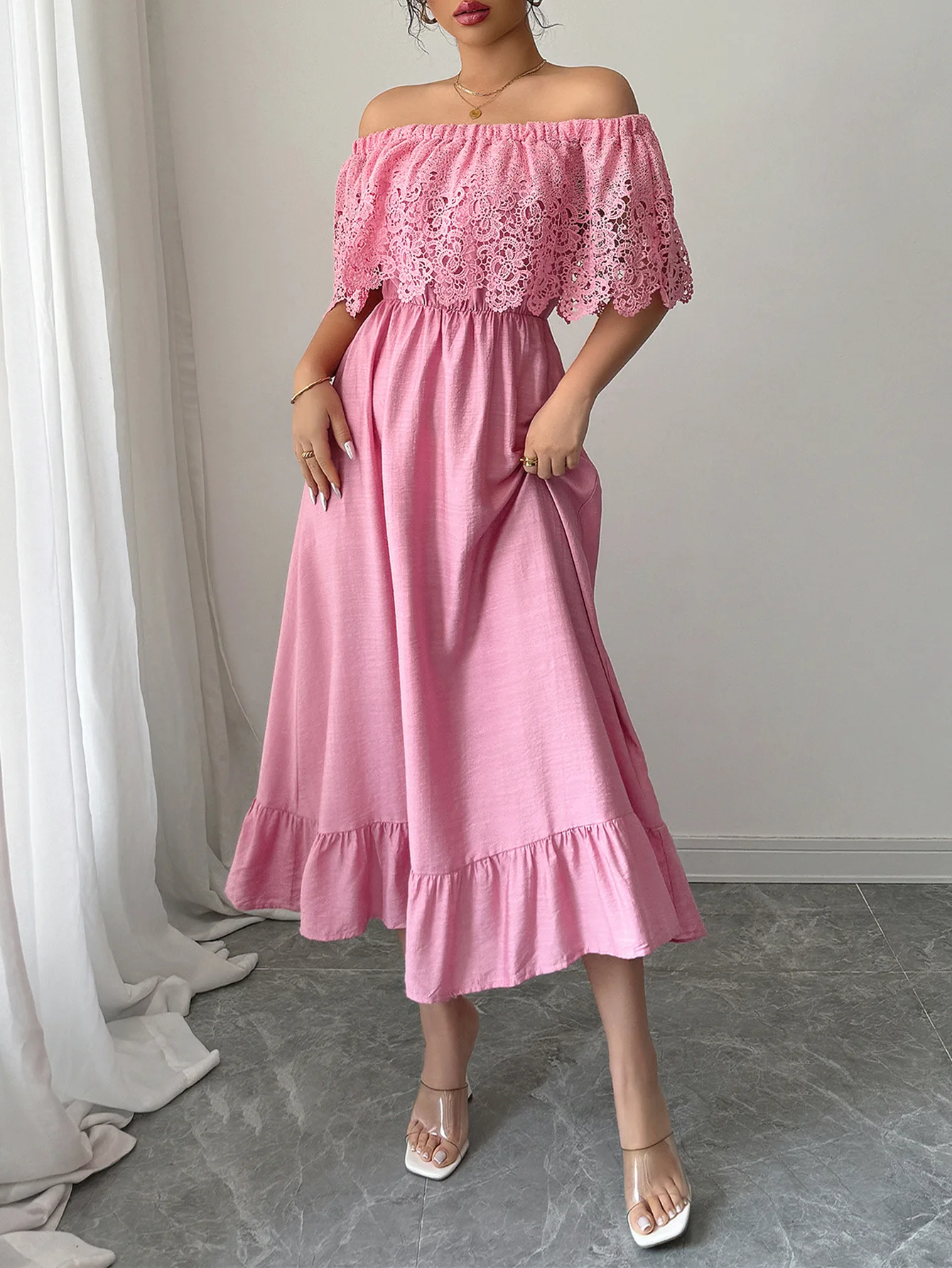 

Women's Off The Shoulder Evening Party Dress Elegant Lace Ruffles Cocktail Gowns Long Casual Dresses