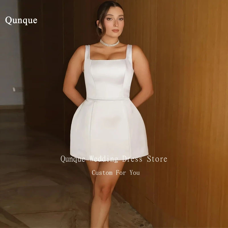 Qunque Mini abiti da sposa con fiocco Abito da sposa in raso Cinghie con lacci sul retro Abito da ballo corto Abiti da sposa personalizzati