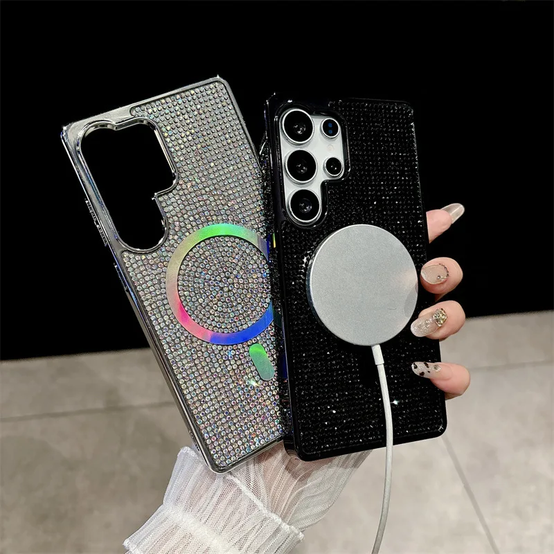 Luxury Glitter Rhinestones Magnetic Phone Case For Samsung Galaxy S25 S24 S23 S26 Ultra Plus Wireless Charging Shockproof Cover