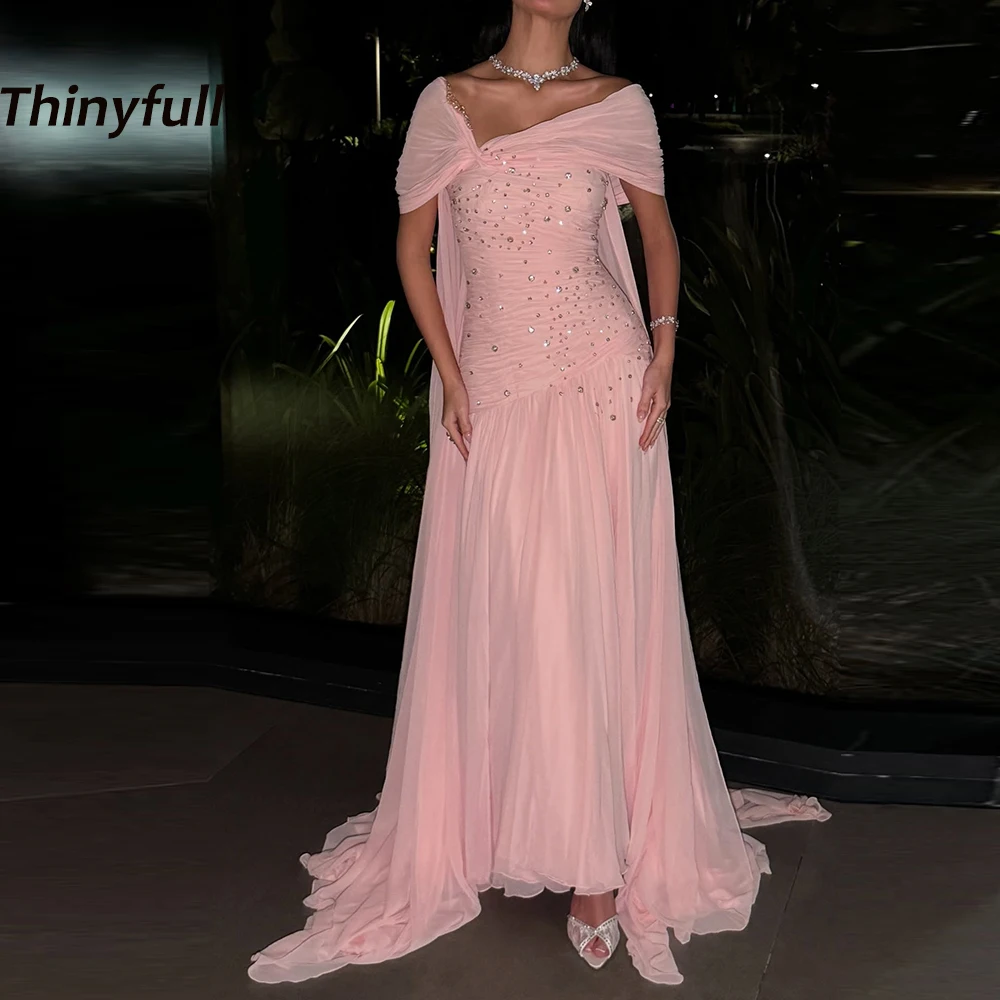 

Thinyfull Mermaid Chiffon Prom Dresses Off Shoulder Crystal Holiday Style Gown Pleats Evening Dress Robe De Soirée Customized