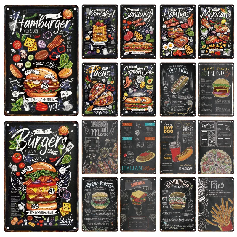 Hamburger Sandwich Metal Signage Tin Painting Advertising Sign Vintage Food Poster Home Restaurant Kitchen Shop Wall Art Decor