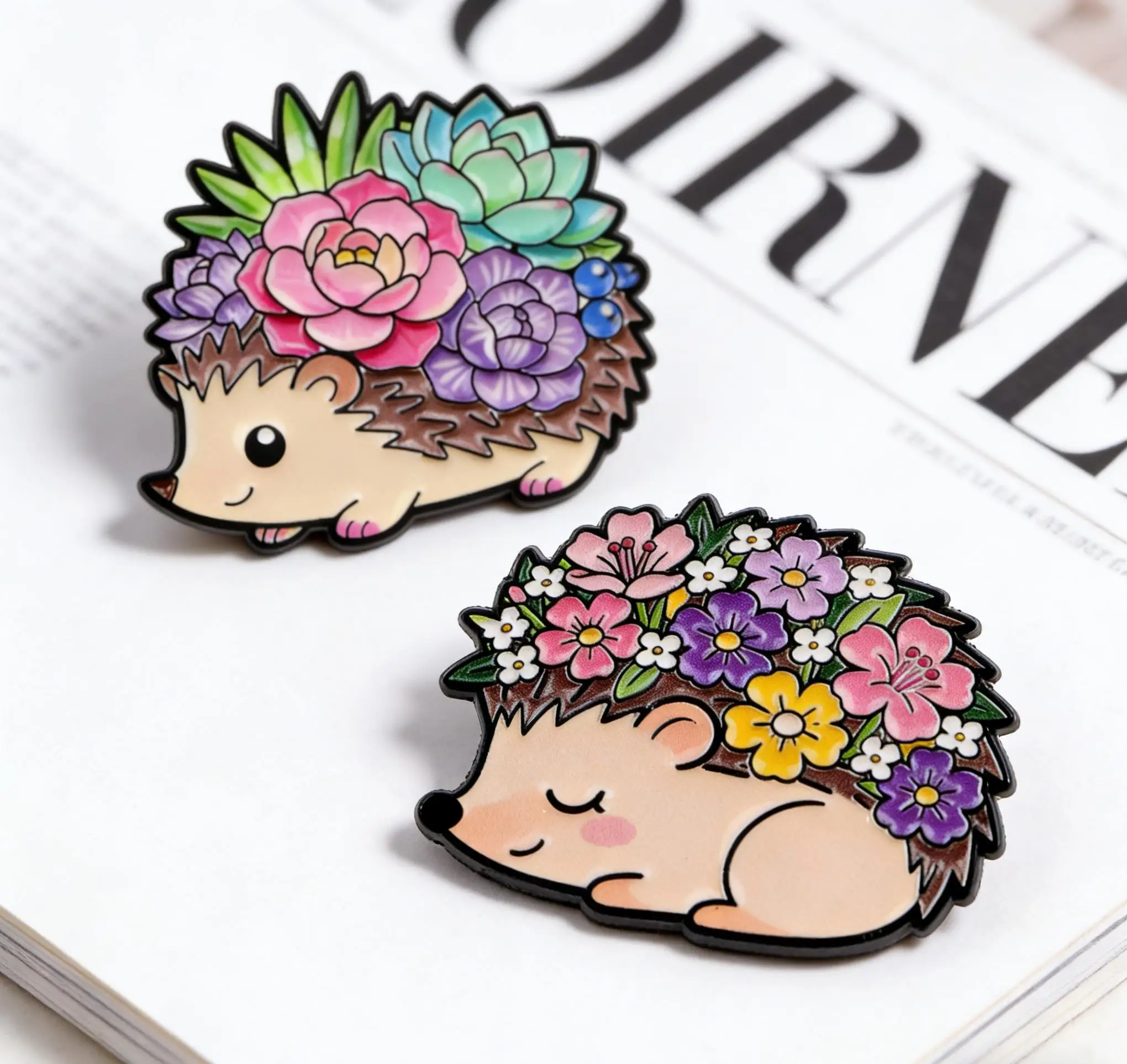 Pins de Esmalte e Broches de Metal com Temas de Flores e Ouriços para Mochilas, Chapéus, Bolsas, Golas e Lapelas, Coleção de Joias de Moda Masculina e Feminina, Presentes, 2 Peças