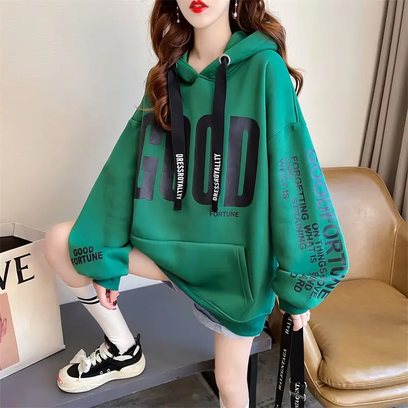 Fashion Loose Pockets Printed Letter Hooded Sweatshirts Female Clothing 2023 Winter Oversized All-match Tops Casual Sweatshirts