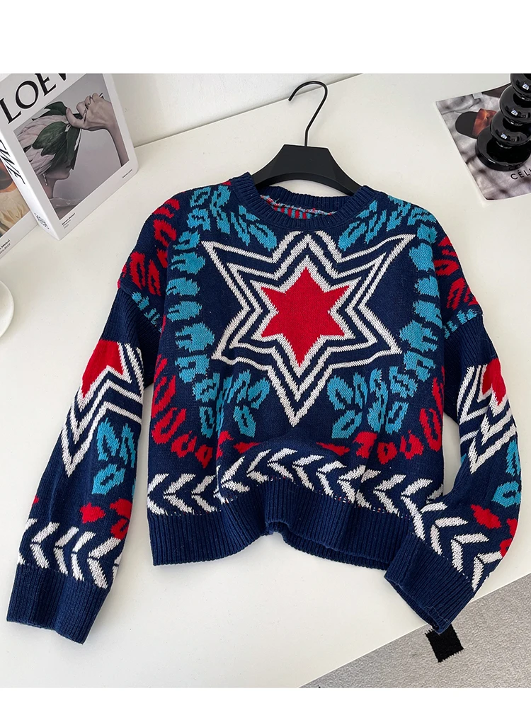 

Women Korean Sweater Pullover Star Knitted O-Neck Long Sleeve Knitted Sweater Autumn Winter Cropped Shot Top Female Top SW013