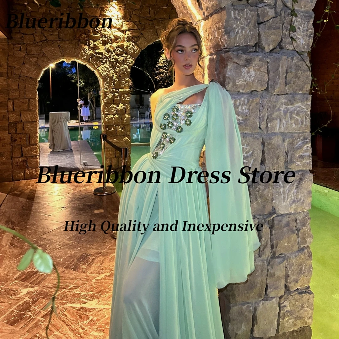 Blueribbon Keyhole één schouder galajurken op maat gemaakte kralen Robe Des Soiree lange ruches chiffon verjaardagsfeestje avondjurk