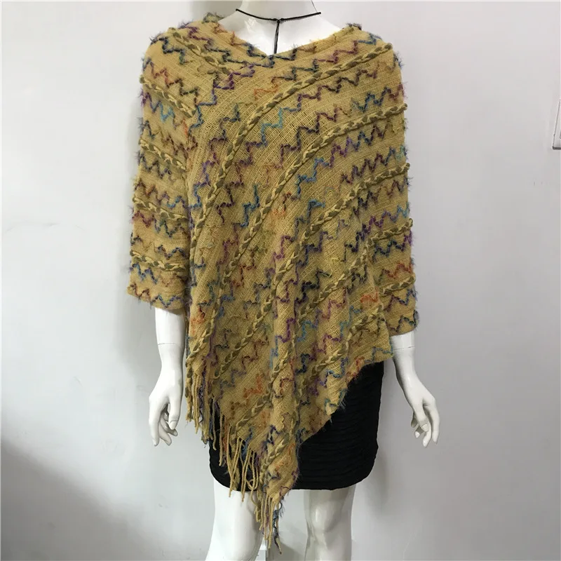 

2022 New Spring Autumn Leisure Women Pullover Thin V-neck Lady Cloak Shawl Sweater Color Wavy Pattern Sunscreen Yellow