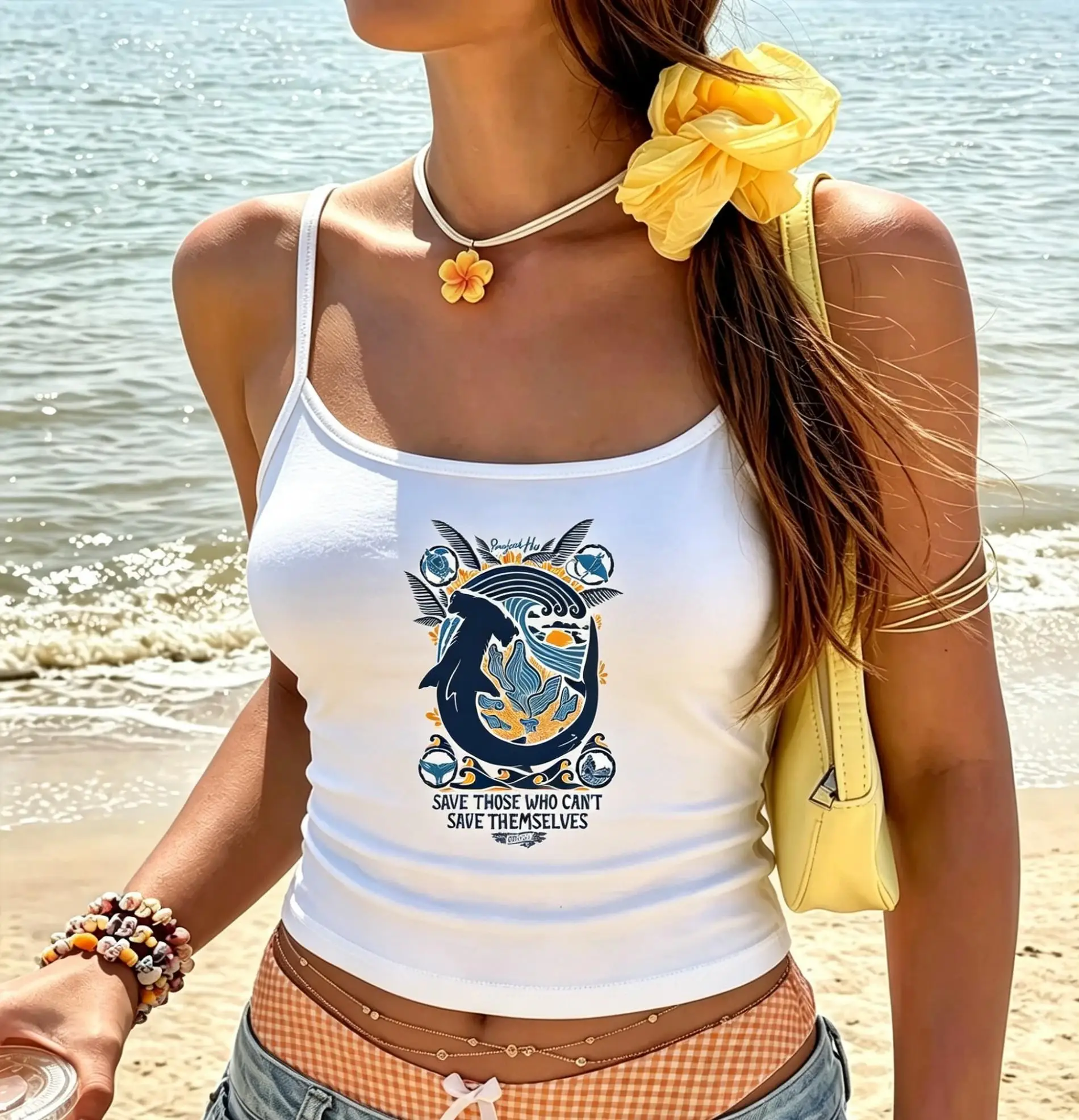Vintage Wave Dolphin Design Tank Top Camisole Spaghetti Strap Sleeveless Vest Casual Holiday Beach Tops
