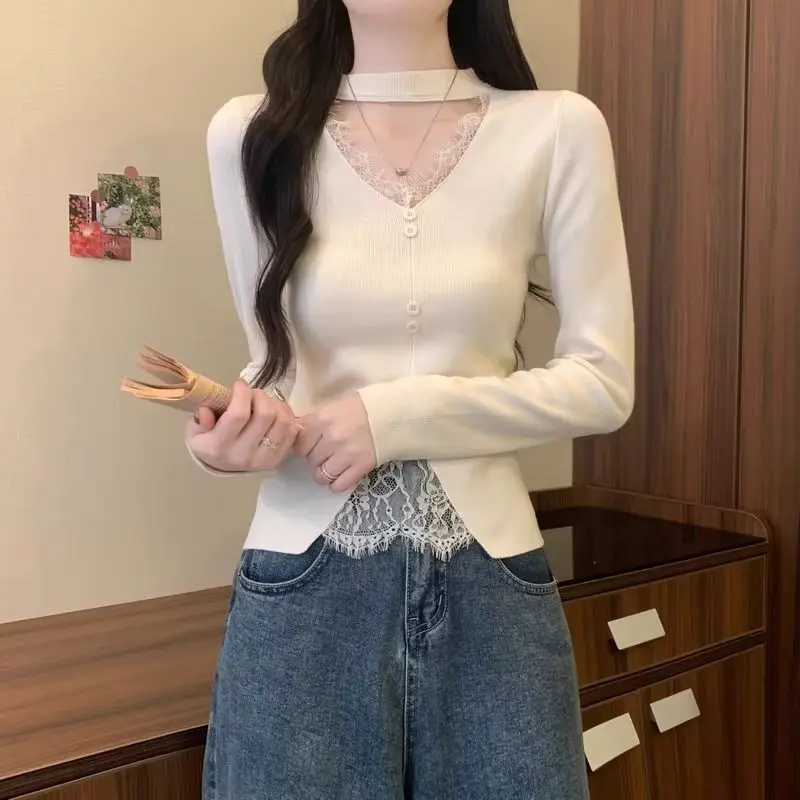 

2026 New V-Neck Halter Neck Base Shirt For Women, Autumn And Winter Inner Sweater, Petite Bright Color Rich Sister Top