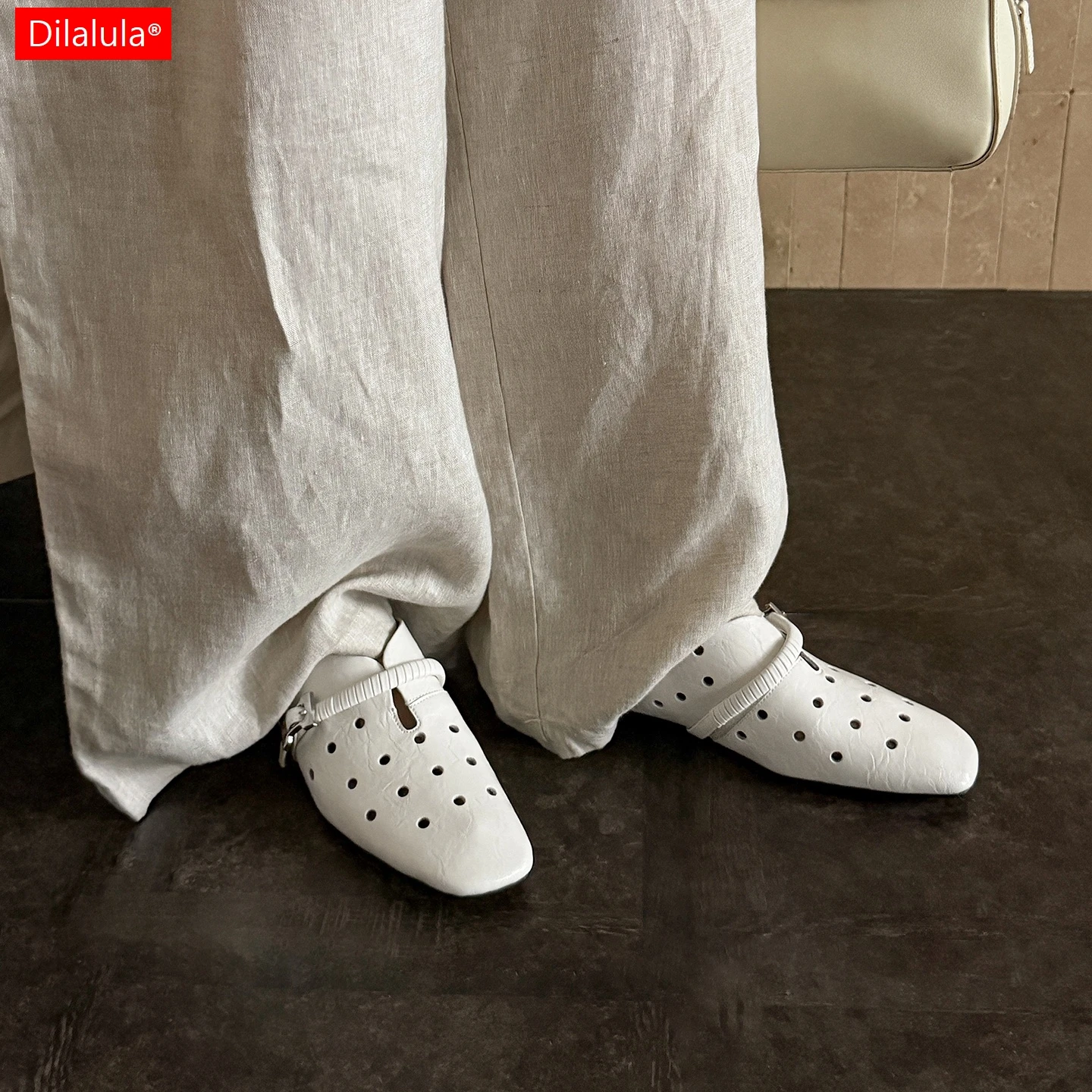 

Dilalula 2026 Genuine Leather women's Mules Square Toe Buckle Closure Hollow Out Slippers Young Women Breathable Summer Footwear