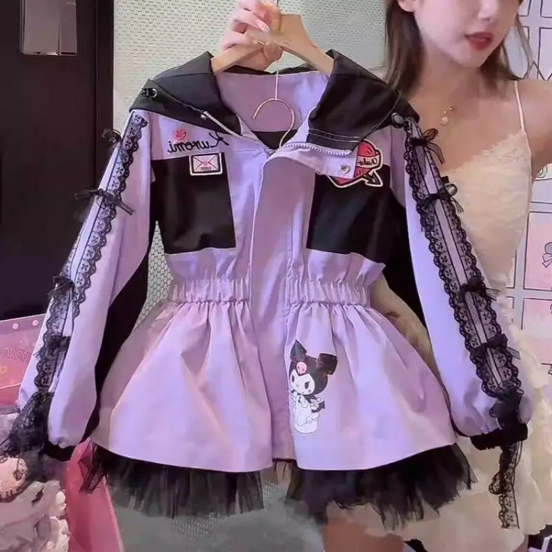 Sanrio Jackets Kuromi anime kawaii girl skirt clothes Loose Purple coat long sleeves Waist jacket shirt Leisure decorate Gift