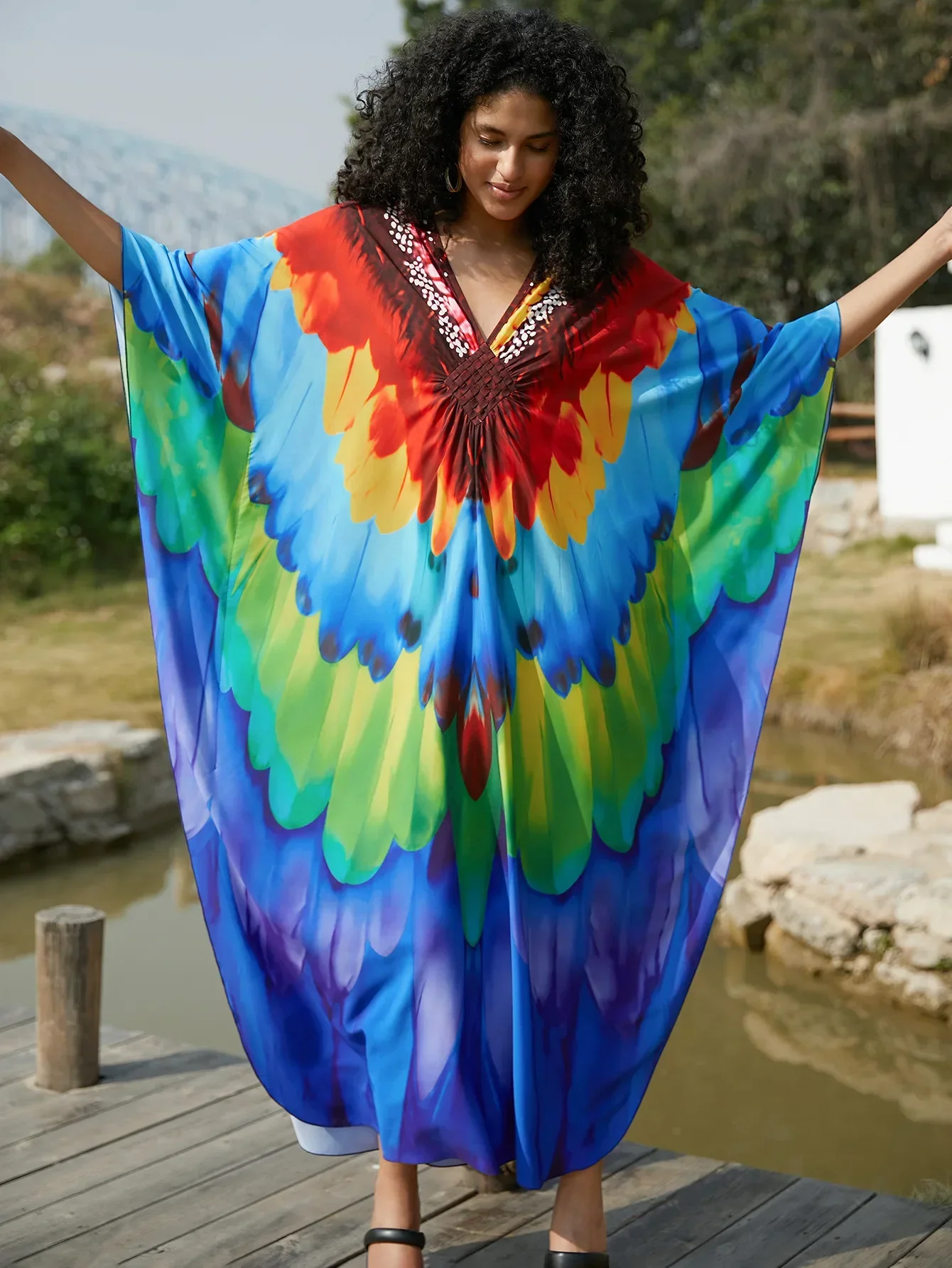Beach Dresses Kaftans for Women Bust Hand Woven Butterfly Printed Summer Holiday Bathing Suits Dropshipping Factory Supply