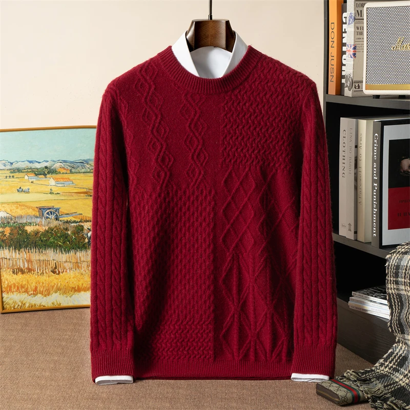450g Winter 100% Pure Cashmere Sweater Men's Round Neck Thickened Knitted Top Casual Loose Sweater