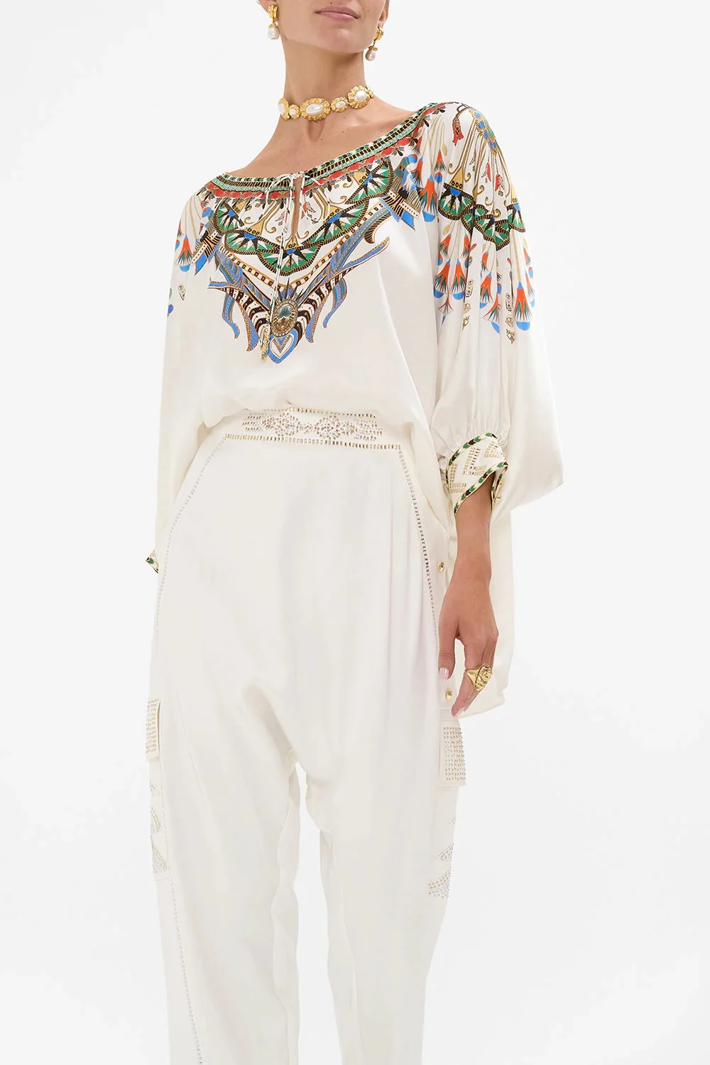 

100% шелковая женская блузка с принтом в стиле ретро, модная женская рубашка из плотного бисера на шнуровке с круглым вырезом и длинными рукавами