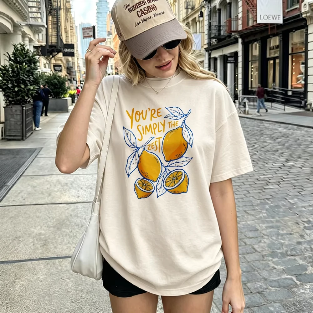 Women You're Simply The Zest Lemon Sketch Print T Shirt Hand Drawn Fruit Letter Graph Cute Casual Ladies Summer Tops