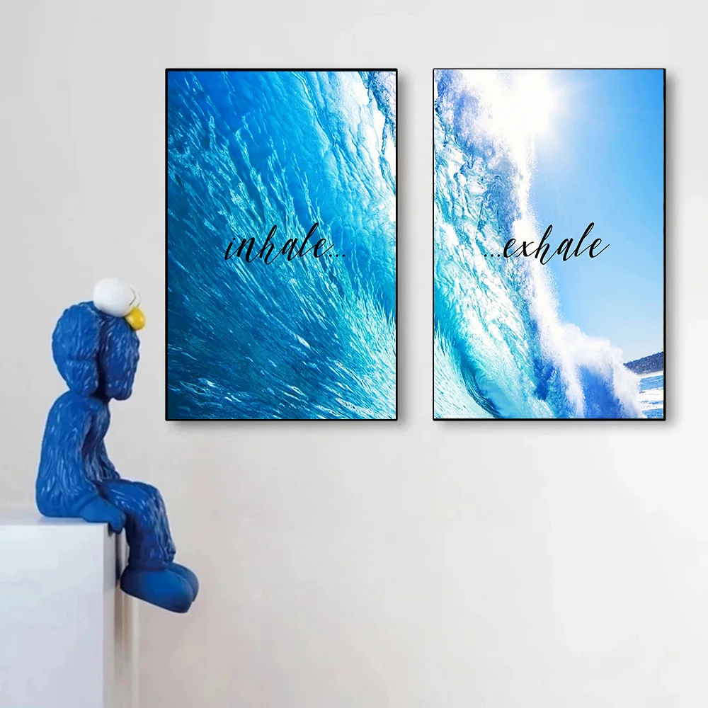 Inhale Exhale Wave Print Surf Poster Wall Art Modern Quote Ocean Meditation Piece Relaxing Yoga Living for Living Room Decor