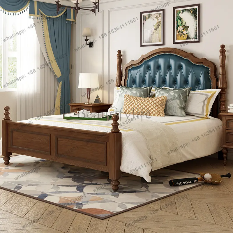 All solid wood American European leather wedding bed walnut simple solid wood bed
