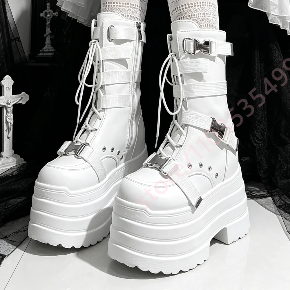 2026 Gothic Platform Mid Calf Boots Round Toe Lace Up Buckle Straps Height-Increasing Shoes Chunky Heel Punk Y2K Fashion Boots