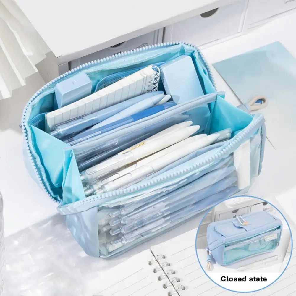 Mesh Pocket Pencil Bag Durable Versatile 3-layer Transparent Pencil Case Capacity Stationery Organizer for School Supplies Pen