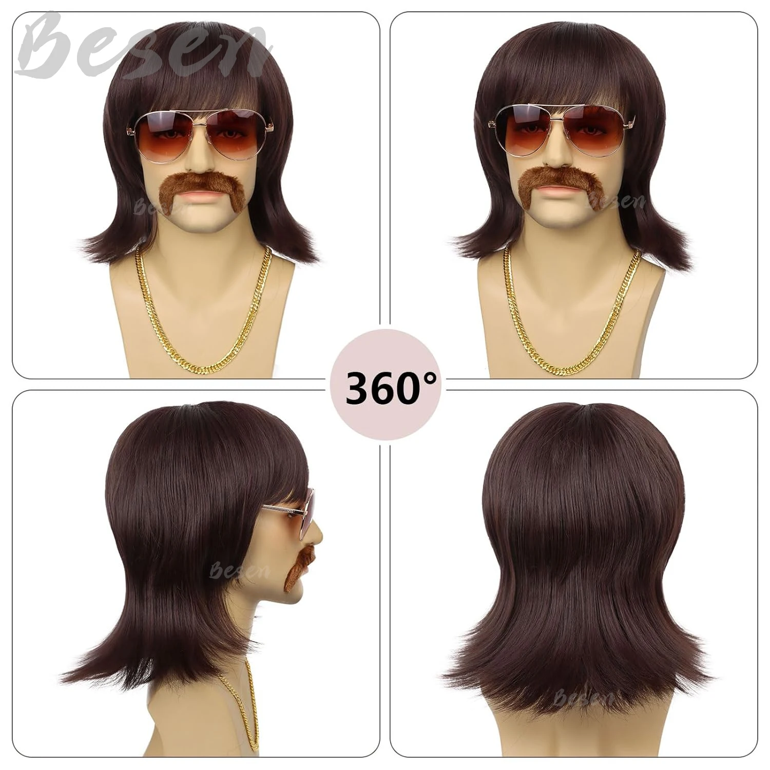 Synthetic 70s 80s Disco Wig Short Brown Mens Mullet Wig for 60s Rocker Singer Hippies Shaggy Costume Cosplay Halloween Party