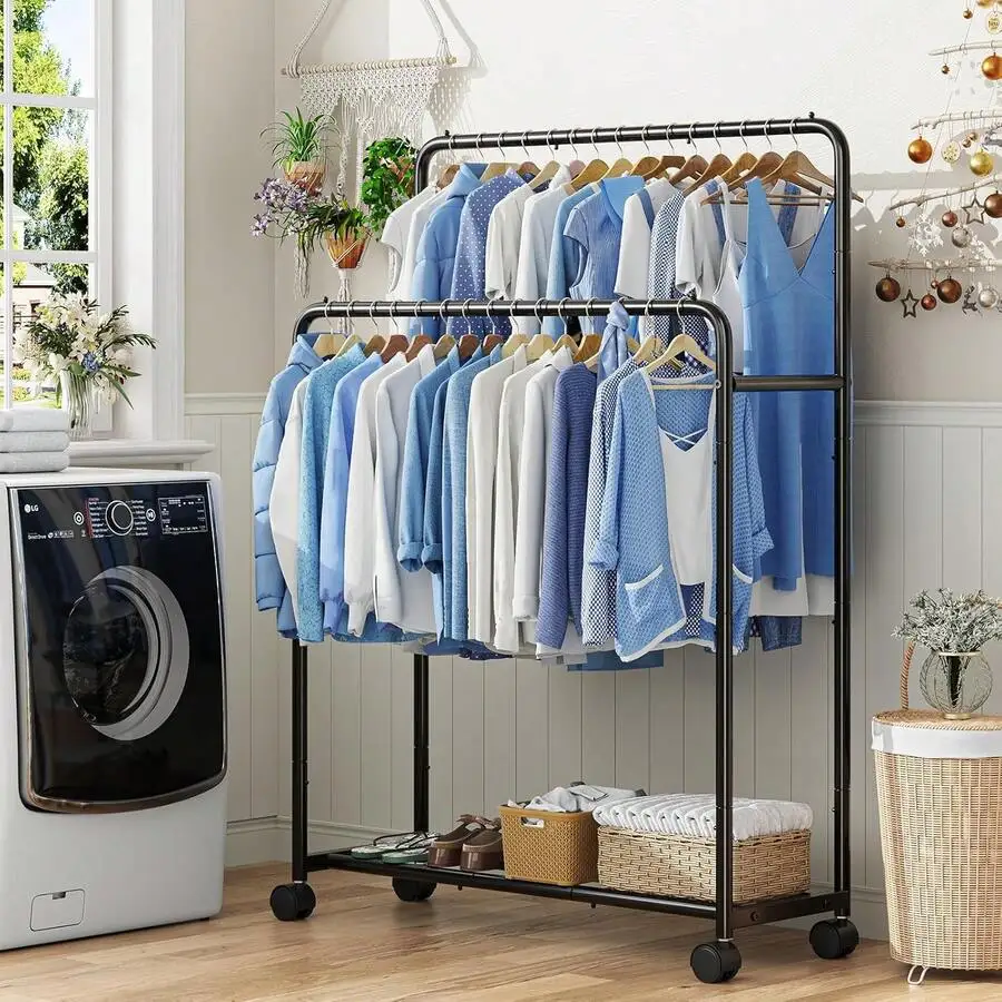 [Double Rod Clothes Hanger]Heavy-Duty Metal Double Rod Clothes Drying Rack, With Simple Design And Large Capacity, Easy To Assem