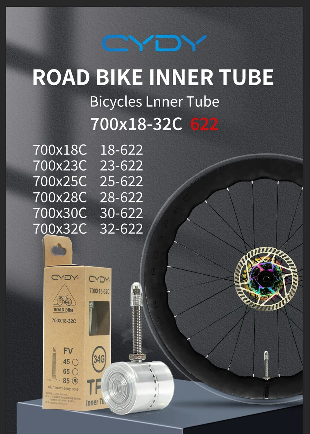 34G CYDY Fahrrad-Innenschlauch aus TPU, 700×23C 25C 28C 30C 32C, für Rennräder, Presta-Ventil aus Aluminium: 40/60/80 mm, 28'' Innenreifen – Detail 1